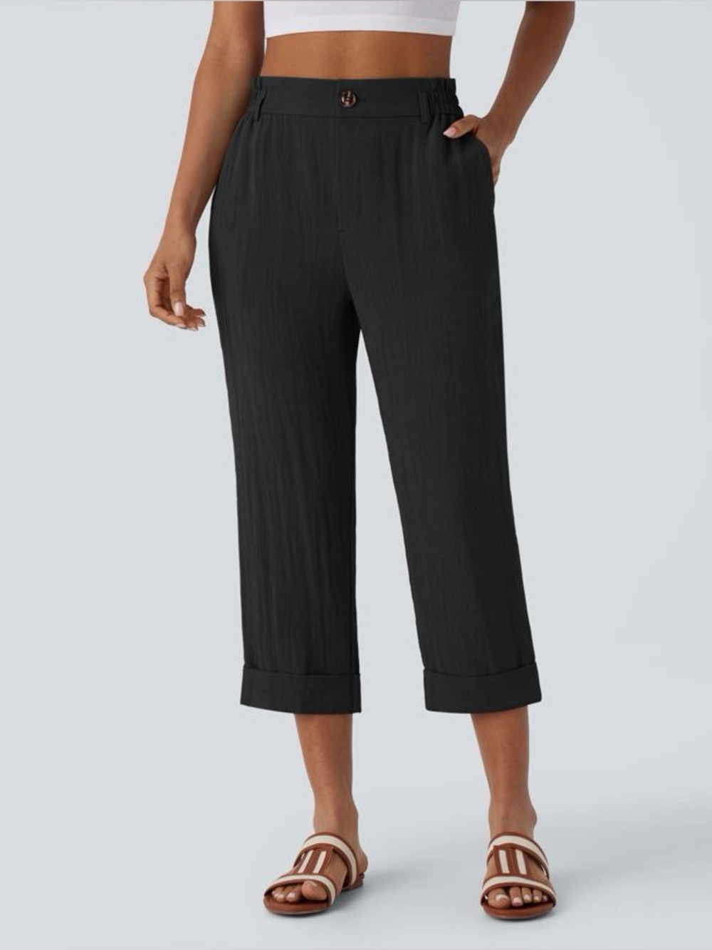 Halara High Waisted Trouser Cropped Linen Feel Pants in Black